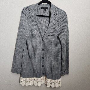 Forever 21 Cardigan Open Knit Button Front Crochet Hem For Women Size M Gray cot